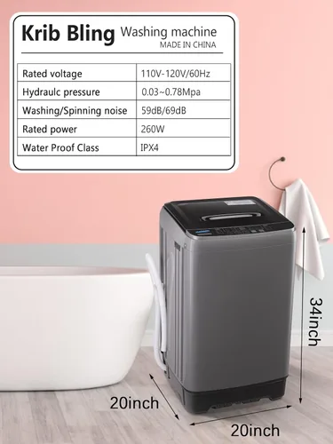 Vista 2 de KRIB BLING Lavadora completamente automática con pantalla LED, bomba de drenaje portátil de 17.7 libras, 10 programas y 8 niveles de agua Gris