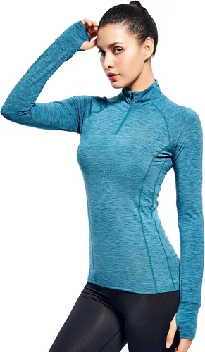 Vista 8 de Zengjo - Tops de entrenamiento con cremallera de un cuarto y manga larga para mujer, suéter de running con cremallera de 1/4 Negro/Gris