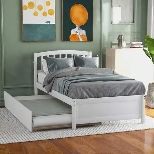 Vista 2 de SOFTSEA Marco de cama individual individual con cama nido de madera maciza con cabecero para niños (blanco)