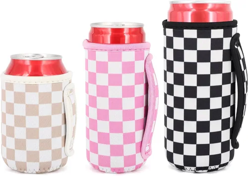 Vista 44 de 3 Pack de fundas aisladas reutilizables de neopreno con asa para soda, bebida energética, refresco, cerveza, seltzer duro, fundas para latas de 12