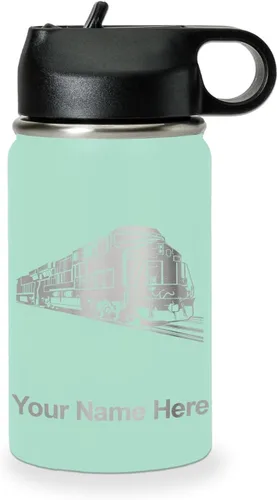 Vista 60 de LaserGram Botella de agua personalizada, tren de carga, acero inoxidable de doble pared aislada al vacío con popote superior, regalo grabado