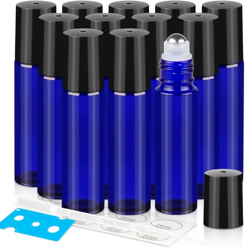 Vista 13 de Botellas enrollables de 0.3 fl oz para aceites esenciales, botellas de vidrio enrollables, botella de perfume recargable, con bolas de rodillo