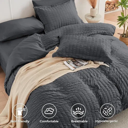 Vista 8 de HYMOKEGE Funda de edredón gris oscuro tamaño individual, juego de funda de edredón de sirsaca ultra suave de 2 piezas con cierre de cremallera