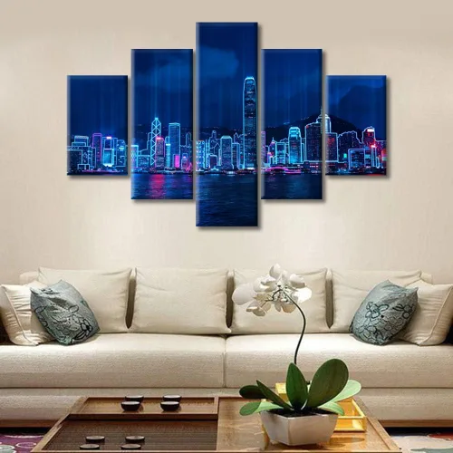 Vista 265 de Cuadros de 5 paneles de Cyberpunk City, arte de pared, representación de vallas publicitarias, edificios modernos en la capital con obras de arte