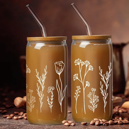 Vista 3 de Zubebe 8 vasos de cerveza con diseño de flores silvestres con tapas y vasos florales de pajita, taza de café helado bohemia, lindo vaso de café