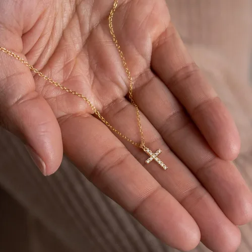 Vista 4 de Tewiky Cross Necklace for Women-Dainty Simple 14k Goldsterling silver Plated Cross Pendant Cute Diamond Necklaces for Women Gold Jewelry