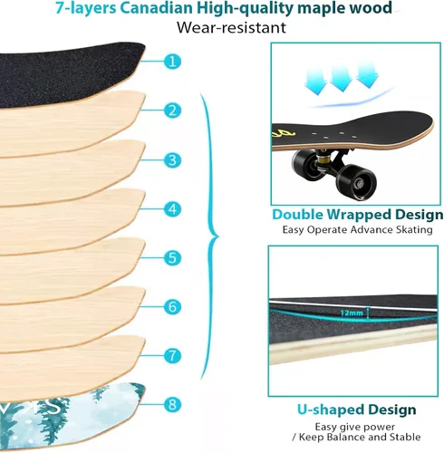 Vista 3 de PHOEROS Complete Skateboards- Standard Skateboards for Beginners Kids Boys Girls Teenager- 31''x 10''Canadian Maple Cruiser Pro Skate Board