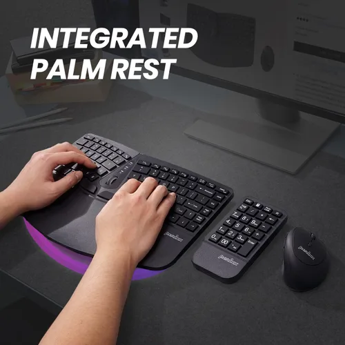 Vista 5 de Perixx PERIDUO-606A, teclado ergonómico compacto inalámbrico 3 en 1 con mouse vertical y teclado numérico, reposamanos ajustable, rueda inclinable