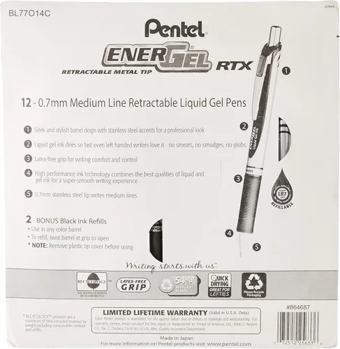 Vista 2 de Pentel EnerGel bolígrafo retráctil de gel líquido perlados, 0.7mm tinta negro/azul/violeta, paquete de 12 unidades (BL77W12C), Negro/Azul