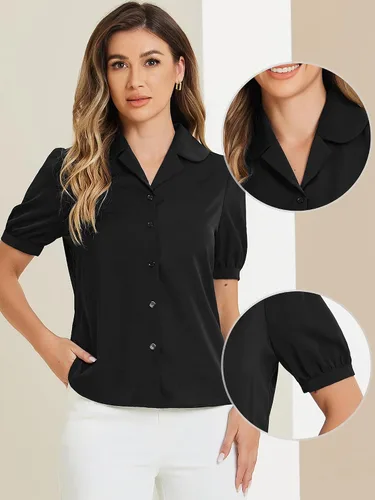 Vista 2 de Allegra K Blusa de verano con cuello de solapa para mujer, camisa de manga corta con botones Negro