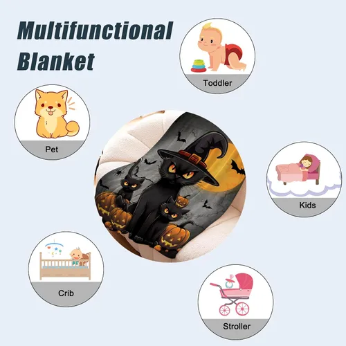 Vista 6 de Manta de Halloween para bebé, mascota pequeña, manta espeluznante de calabazas negras para gatos, manta para cuna, cochecito, decorativa, ligera
