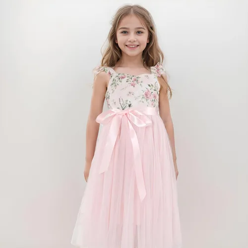 Vista 5 de Flofallzique Vestido de tul para niñas, floral de verano, para bodas, cumpleaños, Pascua, casual, para fiestas de té, para niños pequeños