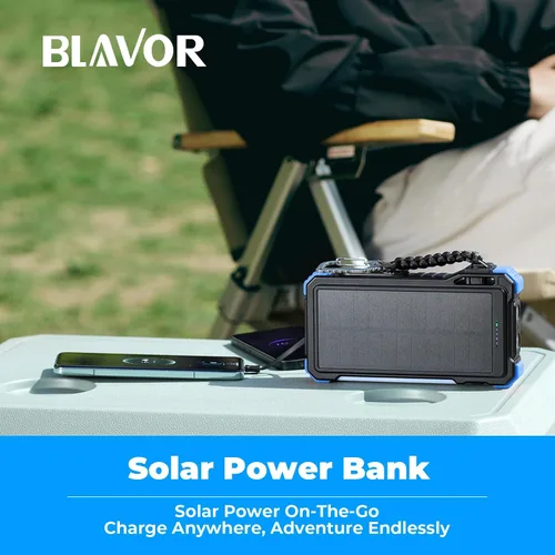 Vista 6 de BLAVOR Banco de energía solar 20000mAh, cargador inalámbrico para teléfonos Azul