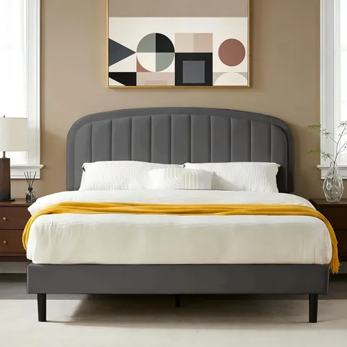 Vista 11 de Furnify Marco de cama individual, base de cama suave con esquinas redondeadas, base de cama tapizada de tela de terciopelo con cabecera redonda