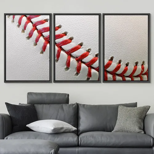Vista 3 de wall26 Lienzo enmarcado para pared, juego de arte de primer plano, detalles de costuras de béisbol, atletas deportivos, fotografía, moderno