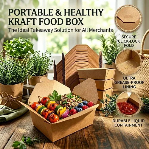 Vista 5 de Kaderron 80 piezas 26 oz (780 ml) contenedores de comida desechables para llevar, cajas de comida marrón, caja de papel kraft para llevar apta