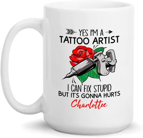 Vista 14 de Taza de artista de tatuaje floral, taza de café personalizada para tatuajes, taza de tatuaje personalizada con nombre regalo para amantes