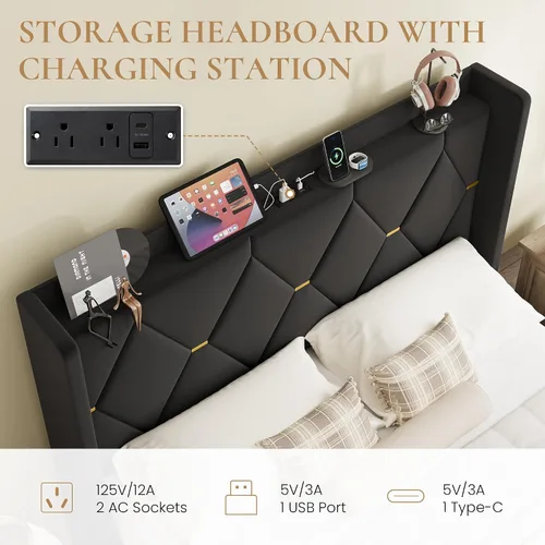 Vista 4 de SHA CERLIN Base de cama tapizada de terciopelo de tamaño matrimonial con estación de carga, moderna cabecera de almacenamiento con respaldo de ala