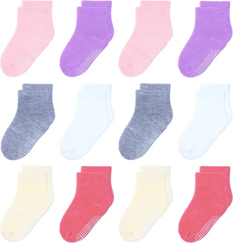 Vista 21 de 12 paquetes de calcetines antideslizantes para niños y bebés con agarre para niños de 1-7 años, calcetines de algodón de tripa para niños y niñas