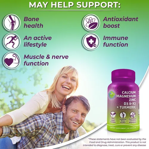 Vista 3 de Calcio a base de plantas 500mg (Aquamin) – Calcio vegano, magnesio, zinc y D3 con vitamina K2 y cúrcuma orgánica – Mejora la salud y la fuerza