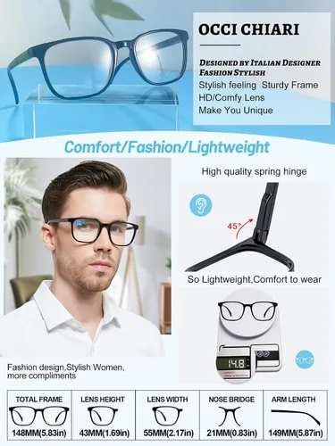 Vista 5 de OCCI CHIARI Lentes de lectura con bloqueo de luz azul para hombres XL cómodos