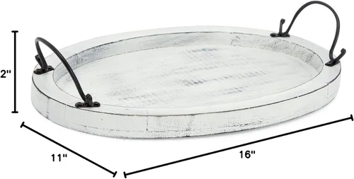 Vista 8 de Farmlyn Creek Bandeja de madera de 16 x 11 x 2 pulgadas, ovalada blanca rústica, bandeja para servir con asas para decoración de mesa auxiliar