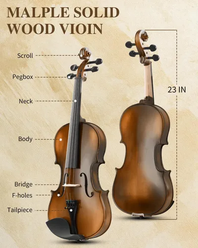 Vista 3 de Ktaxon Violín 4/4 para niños y adultos, violín de madera maciza de tamaño completo, violín acústico con estuche portátil y accesorios - Madera