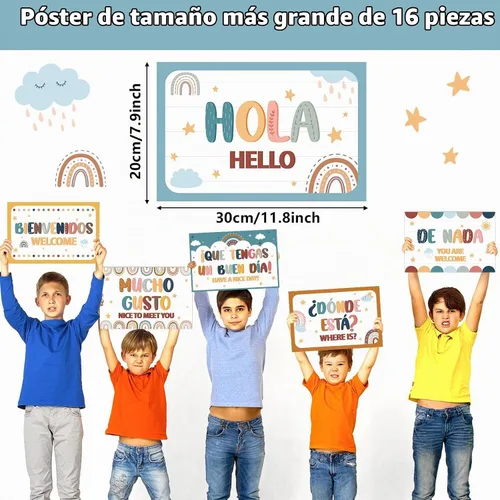 Vista 2 de gisgfim Juego de 16 pósteres de palabras y frases en español, tablero de anuncios, estudio y decoración de aula (Boho)