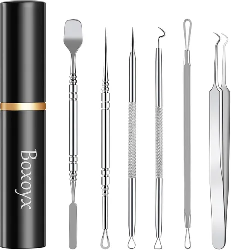 Vista 9 de Boxoyx Kit de herramientas para reventar espinillas, kit de herramientas extractoras de comedones de 6 piezas con estuche de metal para eliminar