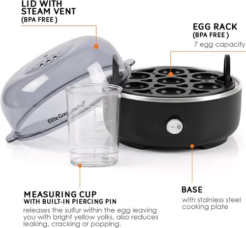 Vista 2 de Elite Gourmet - Cocina eléctrica para huevos de 7 huevos, apagado Negro clásico