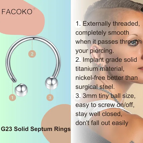 Vista 3 de 8 anillos de titanio G23 para tabique de herradura, anillos de nariz de 16G, bolapinchos, barra circular de herradura, septum para mujeres