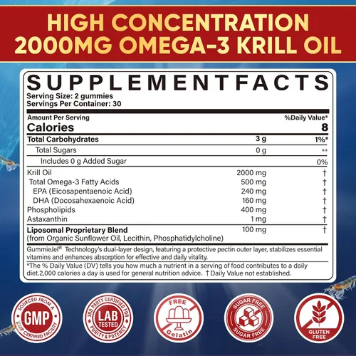 Vista 2 de Gomitas Omega 3 de aceite de krill antártico liposomal 2000mg - Alternativa al aceite de pescado Cellular Level Absorption Omega-3 with EPA, DHA &