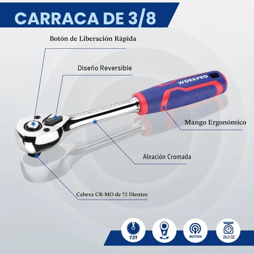 Vista 4 de WORKPRO Juego de 32 piezas de llaves de vaso métricas de 3/8 pulgadas y trinquete, que incluye 30 llaves de vaso métricas profundas y poco