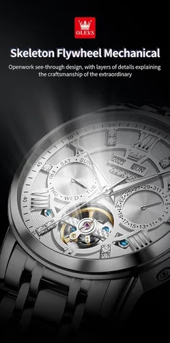 Vista 4 de OLEVS Relojes Automáticos para Hombre, Diseño Esqueleto Dorado, Tourbillon, Automático, Mecánico, Acero Inoxidable, Impermeable, Reloj de Pulsera
