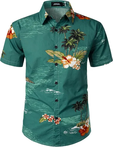 Vista 15 de JOGAL - Camisa hawaiana de Aloha para hombre, manga corta, diseño de flores Negro Blanco Línea