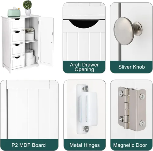 Vista 4 de Bonnlo Armario de almacenamiento pequeño de madera para baño, muebles de espacio pequeño, organizador de almacenamiento lateral blanco con 4 cajones