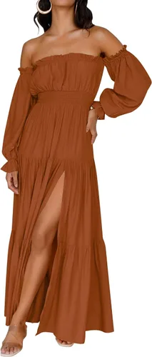 Vista 120 de ZESICA - Vestido largo, bohemio y sexy, con hombros descubiertos y manga larga fruncida, con elástico fruncido, cintura alta y abertura lateral
