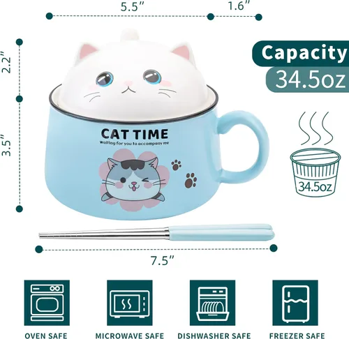 Vista 2 de Juego de cuencos para ramen con palillos, lindos cuencos de fideos instantáneos para ramen con diseño de gato lindo con tapa, cuencos de cerámica