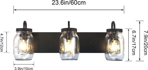 Vista 3 de Lámparas de pared de cristal de tocador, aplique de pared negro con tarro Mason para baño, granja