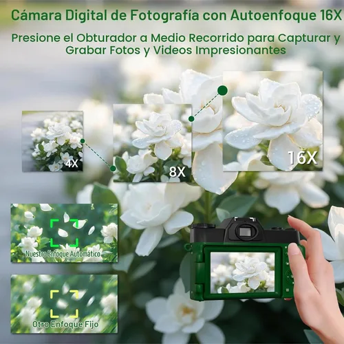 Vista 5 de Cámara digital de 75 MP, cámara de vlogging WiFi 4K con pantalla abatible de 180° de 3.0 pulgadas, cámara compacta de enfoque automático de 16X