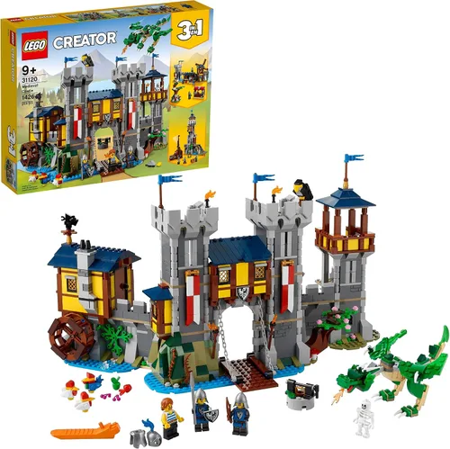 Vista 8 de LEGO Creator 3 en 1 - Juguete de castillo medieval que se transforma de castillo a torre en mercado, incluye figura de esqueleto y dragón, con 3