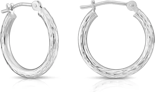 Vista 10 de Aretes redondos de oro blanco de 14 quilates grabados a mano con corte de diamante completo