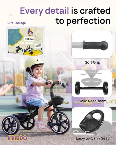 Vista 2 de KRIDDO - Triciclo para niños de 2 a 5 años - Regalo para niños pequeños - Negro
