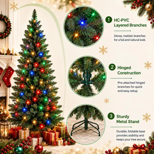 Vista 7 de GarveeLife Árbol de Navidad artificial preiluminado de 6 pies, luces de Verde Clásico - Doble