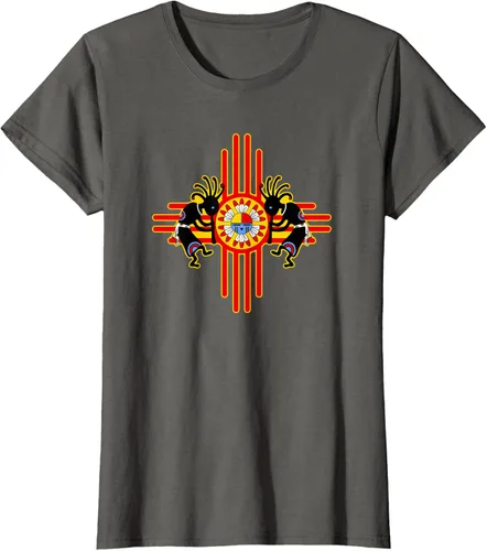 Vista 50 de Native American Kokopelli Kachina Zia Symbol 2 - Camiseta divertida para fanáticos, Negro
