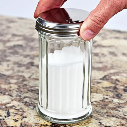 Vista 2 de BNYD Dispensador Vertedor de Azúcar de Vidrio, 5.5 pulgadas Clear glass shaker bottle with steel pour spout. Multi-purpose tabletop dispenser for