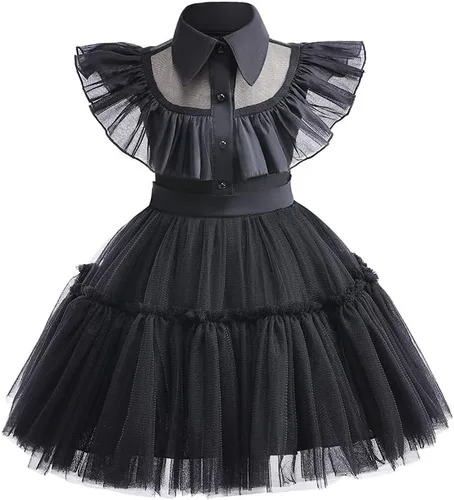 Vista 2 de Hulaha Wednesday Addams - Vestido de Halloween para niñas, disfraz de Halloween, fiesta de cosplay, vestido negro de Addams