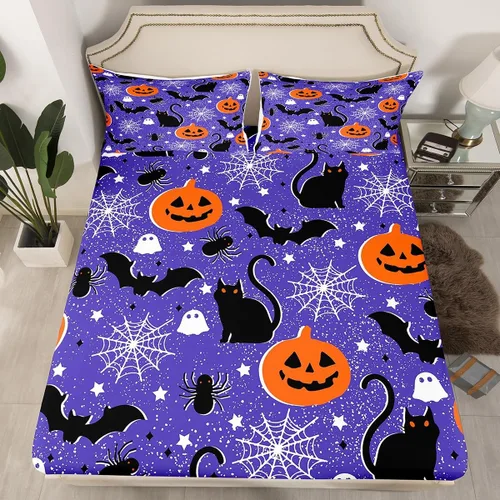 Vista 27 de Juego de sábanas bajeras con bonito diseño de gato negro para niños y niñas, diseño de dibujos animados de Halloween, gato, animales, sábanas