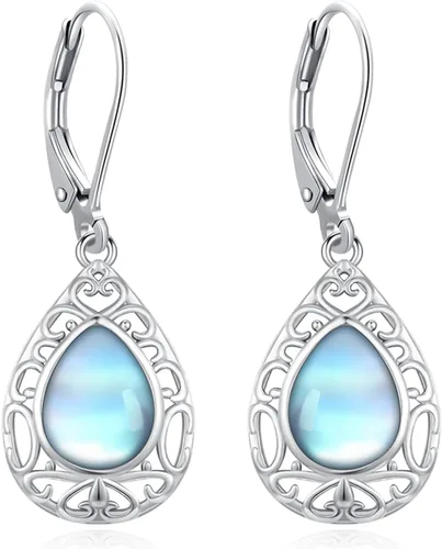 Vista 60 de Aretes colgantes de plata de ley con diseño de árbol de la vida, flor, abeja, animales, gato, colibrí, piedra lunar, turquesa, aretes con cierre
