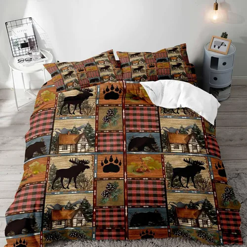 Vista 18 de LUVIVIHOME 2 piezas de funda de edredón con diseño de osos, alces y ciervos en negro, juego de cama individual, ropa de cama rústica de estilo La